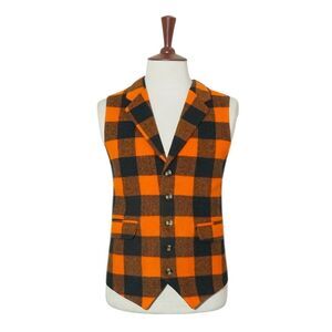 Mens 46R Wool Buffalo Plaid Vest Orange Black Waistcoat Formal Party Casual